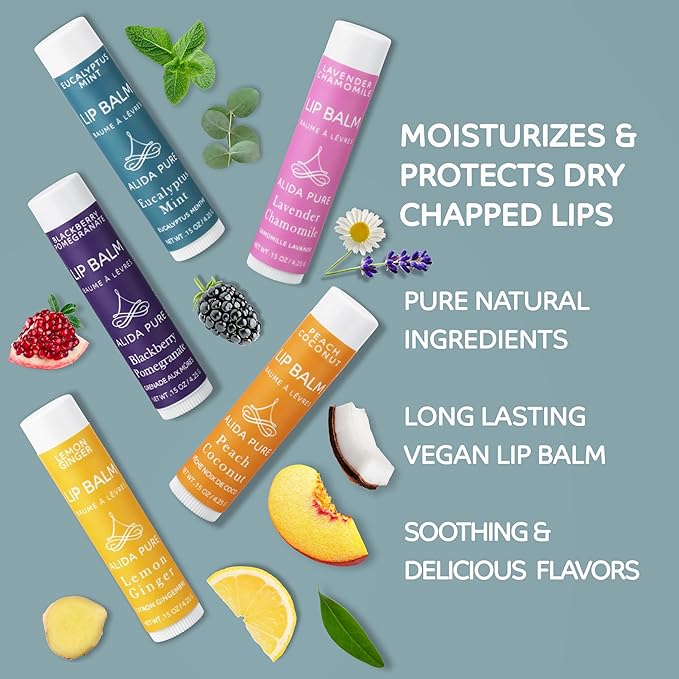 ALIDA PURE Duet Lip Balm Collection, Vegan, Lip Balm Set, Coconut Oil Free, Avocado Oil, Organic Jojoba Oil, Vitamin E Oil, Vegan, Lip Oil Set for Dry Cracked Lips, 5 Tubes of Lip Balm per Set-Velvo Beauty