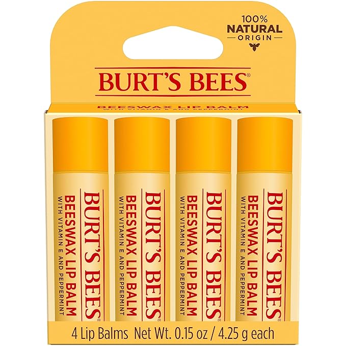 Burt's Bees Lip Balm - Original Beeswax, Lip Moisturizer With Responsibly Sourced Beeswax, Tint-Free, Natural Origin Conditioning Lip Treatment, 4 Tubes, 0.15 oz.-Velvo Beauty