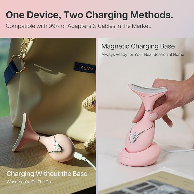 Iris Neck Face Massager, Pro Face Sculpting Tool with Charging Base, All-in-1 Facial Device for Enhanced Absorption, Radiance, Contouring, Elasticity, Home Facial Spa (Pink)-Velvo Beauty