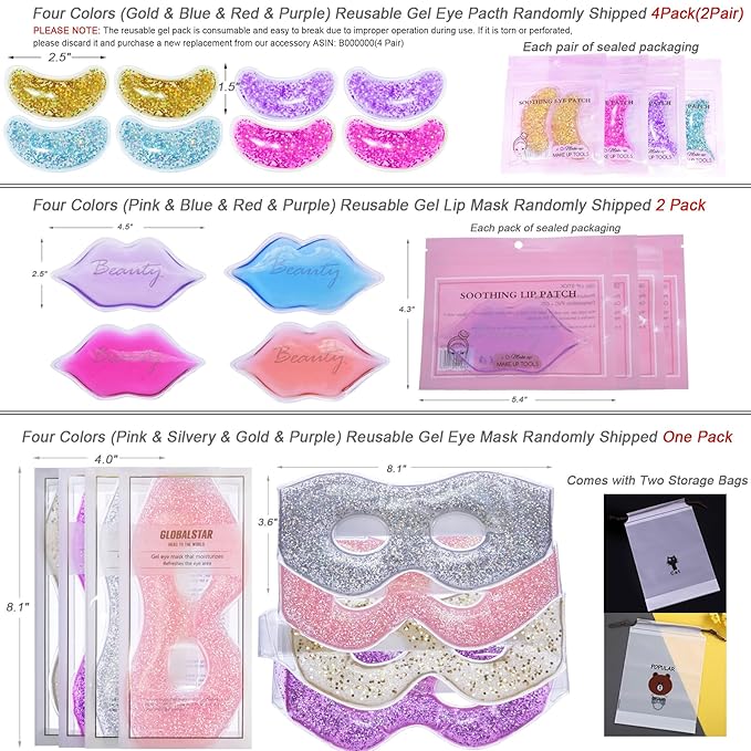Ice Under Eye Patches Eye Mask Lip Care Gel Pads Treatment Mask Lip Mask, Cooling Eye Lip Gel Masks Cold Hot Therapy for Wrinkles Firming Swelling Cosmetic Bruising Reusable 7 Pack-Velvo Beauty