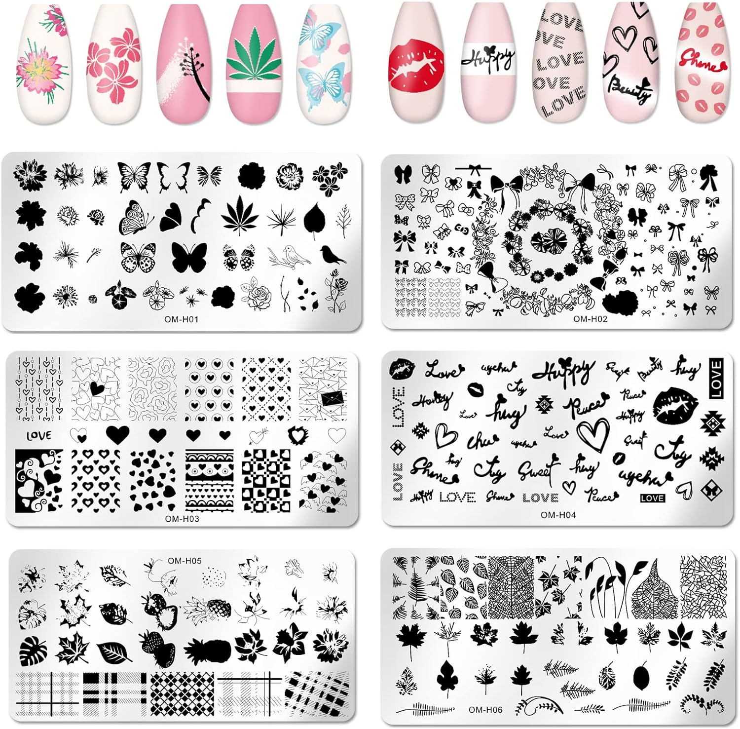 6pcs Nail Art Stamping Plates Set Manicuring Accessories Butterfly Leaves Flowers Fruits Geometry Heart Love Image Template for DIY Tips Decoration-Velvo Beauty