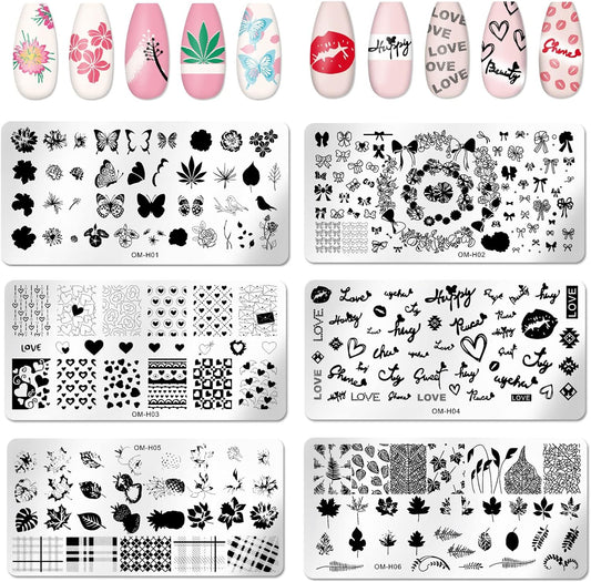 6pcs Nail Art Stamping Plates Set Manicuring Accessories Butterfly Leaves Flowers Fruits Geometry Heart Love Image Template for DIY Tips Decoration-Velvo Beauty