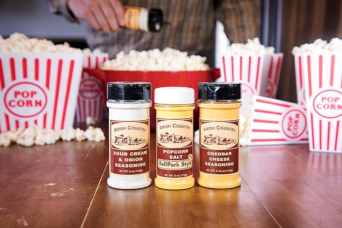 Amish Country Popcorn | Seasoning Variety Pack | 5.5 oz BallPark Style ButterSalt - 4.7 oz Cheddar Cheese & 4.7 oz Sour Cream and Onion Popcorn Seasoning-Velvo Beauty