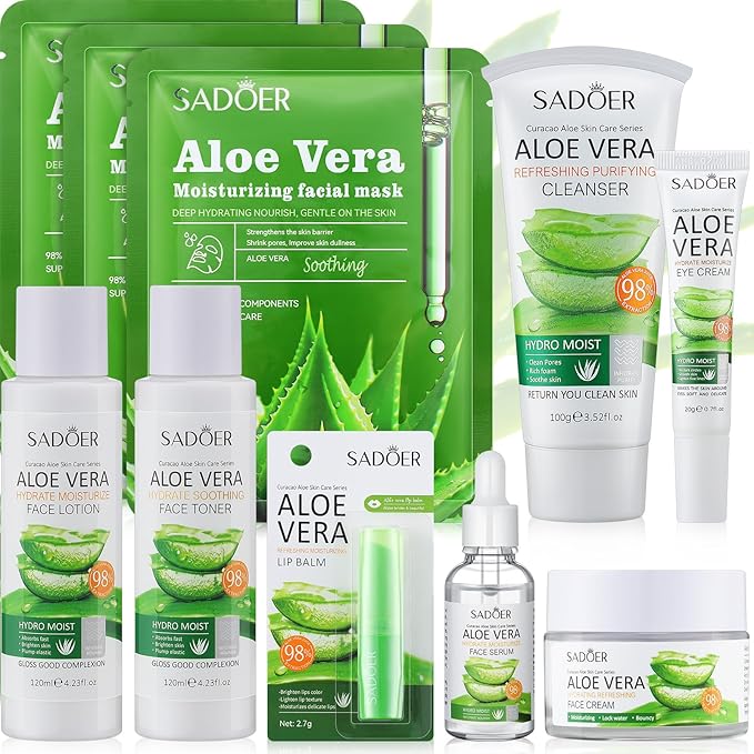 10 Pcs Skin Care Sets Face Care Set for Women Includes 1 Pcs Cleanser, Toner, Lotion, Eye Cream, Serum, Face Cream, Lip Balm and 3 Facial Masks Skincare Gift for Girls (Aloe Vera)-Velvo Beauty