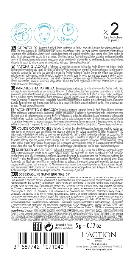 L'Action Paris Anti-Fatigue Ice Patches, Eye Masks for Brightened Refreshed and Calm Skin, Enriched with Niacinamide and Probiotics, Ideal for Tired Skin, Pack of 2-Velvo Beauty