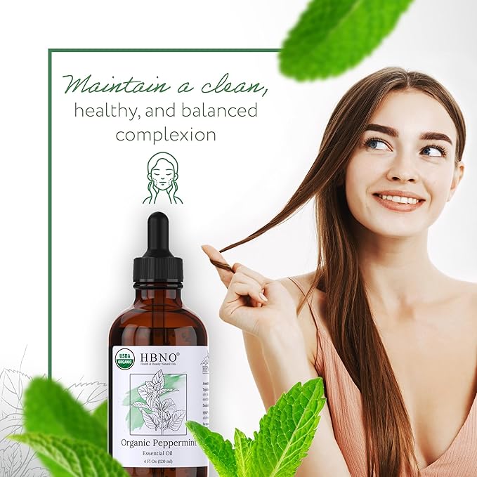 HBNO California Bottled Organic Peppermint Essential Oil (Mentha Piperita) 4 fl oz (120ml) - USDA Certified Organic Peppermint Oil for Hair - Perfect for Aromatherapy-Velvo Beauty