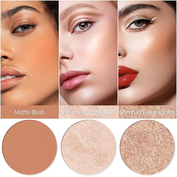 FOCALLURE Blush and Highlighter Palette,3 in 1 Makeup Powder Cruelty-Free Matte Blush,Shimmer Illuminator Highlighters for a Glowing Look,#02-Velvo Beauty