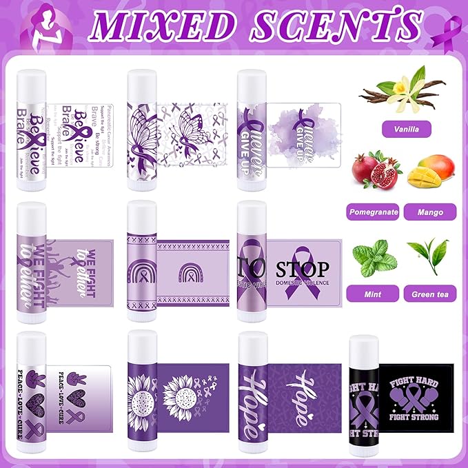50 Set Overdose Awareness Lip Balms Gifts with 50 Organza Bags 50 Purple Awareness Ribbon Pins Raise Awareness for Domestic Violence Pancreatic Cancer Lupus Alzheimer's Awareness-Velvo Beauty