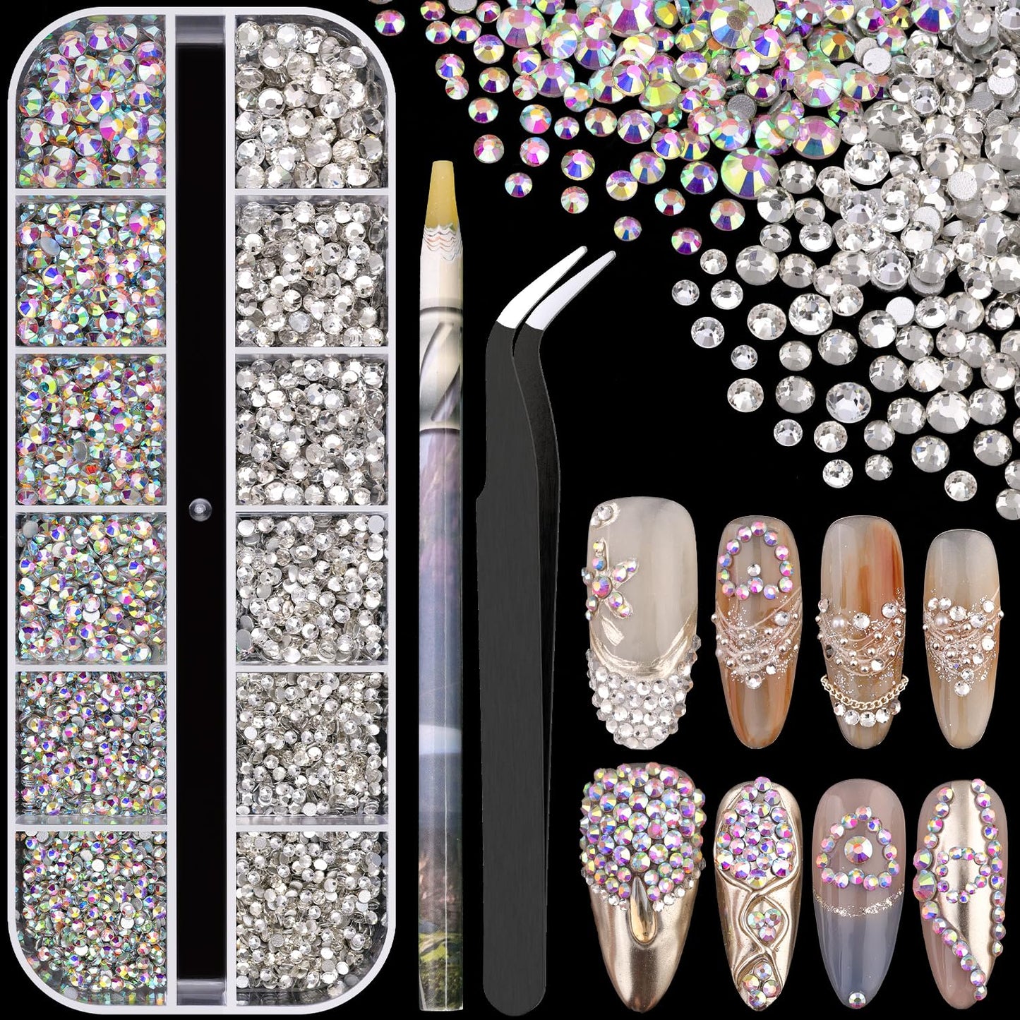 3600pcs Glass AB and Transparent White Nail Rhinestones 6 Sizes(1.8/2/2.4/2.8/3/4mm) Flatback Crystal Nail Charms Jewels Decoration for Nail Art and Crafting, Tweezer and Pickup Pen included-Velvo Beauty