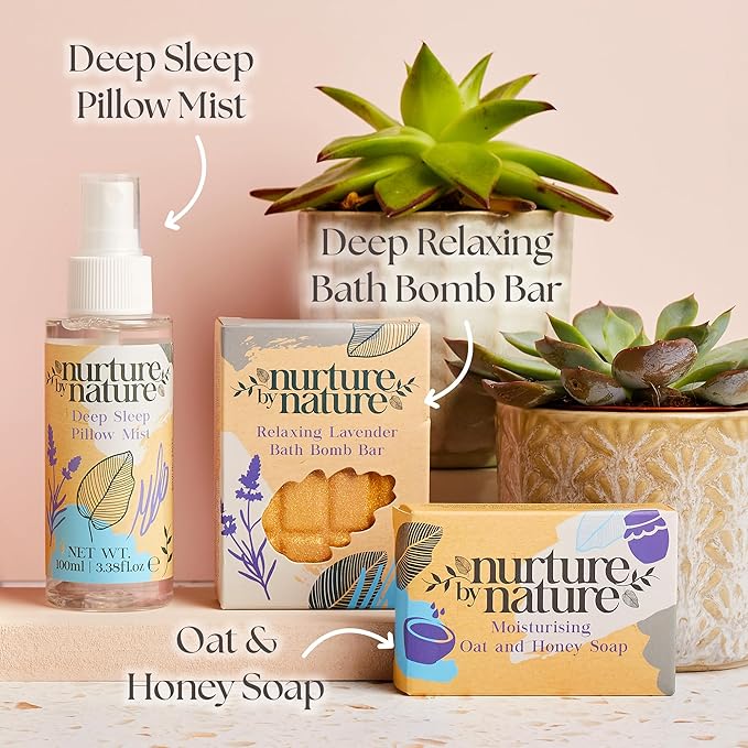 Nurture by Nature RELAX & CALM Spa Kit - Mothers Day Gifts - Spa Gift Baskets For Women, Complete Bath Sets for Women Gift - Lavender Pillow Mist, Bath Salts, Bath Bomb - Self Care Gift Basket-Velvo Beauty