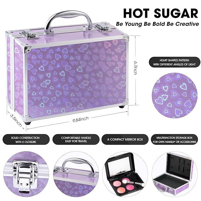 Hot Sugar Makeup Kit for Teenager Girls - Full Starter Cosmetics Set with Eye Shadow Lip Balm Blush Lip Gloss Brush Lip Pencil Eye Pencil and Mirror (Purple Love)-Velvo Beauty