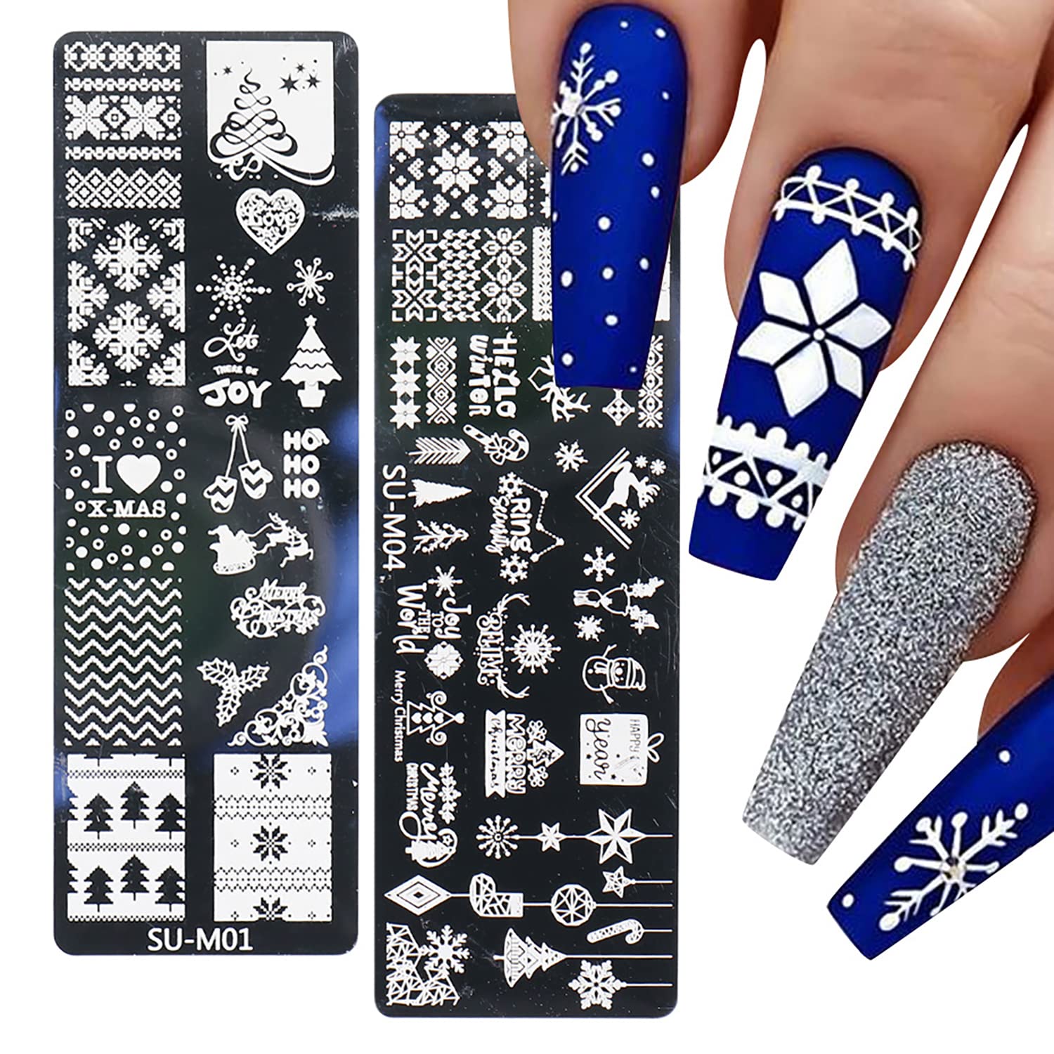 6 Pcs Xmas Christmas Snowflake Nail Stamper Kit with 1 Stamper 1 Scraper, DIY Nail Art Stencil Plates Set-Velvo Beauty
