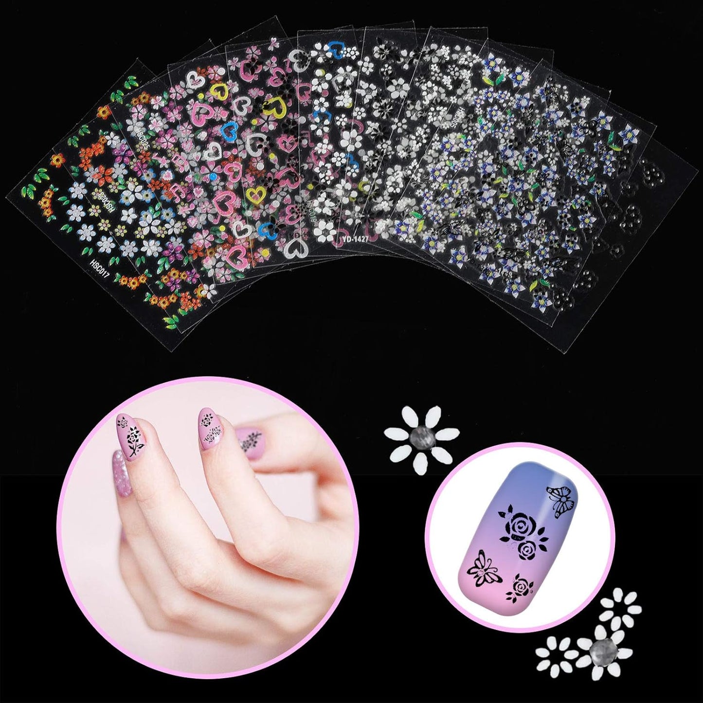 Blulu 5000 Pcs Flower Nail Stickers 100 Sheets 3D Self Adhesive Nail Stickers Multi Design Decals Multicolor Flower Manicure Decals with Tweezer(Classic-Chic Floral Series)-Velvo Beauty