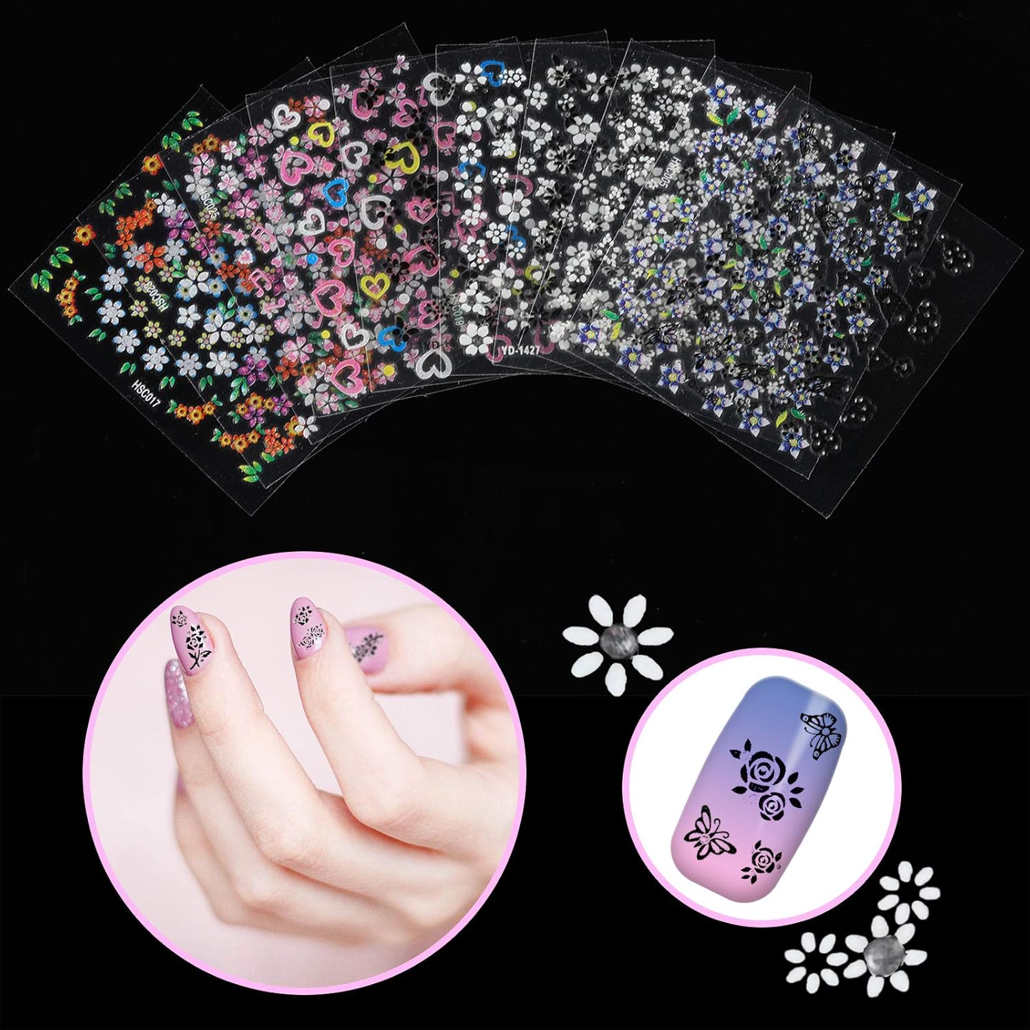 Blulu 5000 Pcs Flower Nail Stickers 100 Sheets 3D Self Adhesive Nail Stickers Multi Design Decals Multicolor Flower Manicure Decals with Tweezer(Classic-Chic Floral Series)-Velvo Beauty