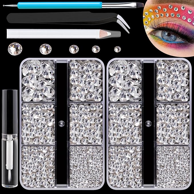 Colorful Face Gems for Makeup Set, Flatback Gorgeous Charming Clear Gass Gem with Makeup Glue+Picker Pencil+Tweezer+Dual-End Dotting Tool for Eye Body Hair Make-up and Nail Art Deco-Velvo Beauty