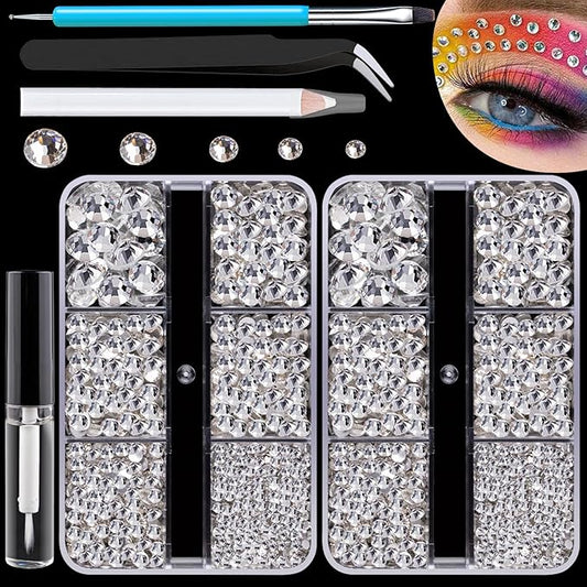 Colorful Face Gems for Makeup Set, Flatback Gorgeous Charming Clear Gass Gem with Makeup Glue+Picker Pencil+Tweezer+Dual-End Dotting Tool for Eye Body Hair Make-up and Nail Art Deco-Velvo Beauty