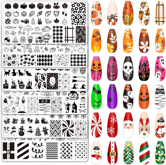 Whaline 6Pcs Fall Halloween Christmas Nail Plates Stamping Set Pumpkin Ghost Snowman Stamp Templates Nail Art Plates for DIY Print Manicure Salon Design-Velvo Beauty