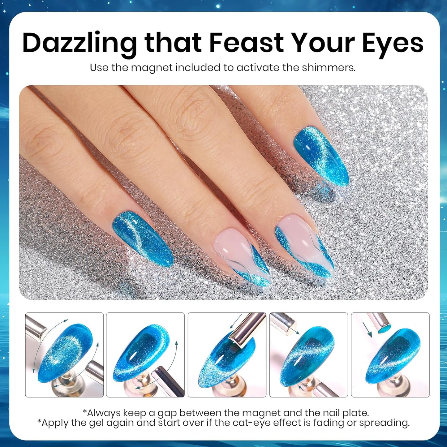 Beetles Blue Cat Eye Gel Polish, 15ML Blue Cat Eye Glitter Gel Polish with Magnet Shimmer Velvet Gel Soak Off UV Stellar Ocean Collection French Nail Art Design Manicure Summer Gifts for Women-Velvo Beauty