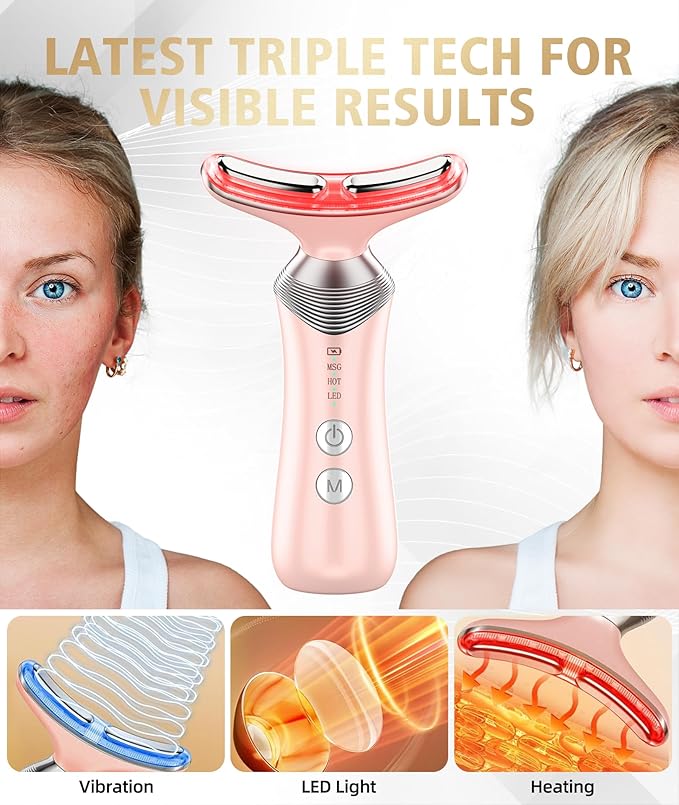 9-in-1 Red-Light-Therapy-for-Face-and-Neck, Portable Facial Massager Tool with Adjustable Vibration & Thermals for Wrinkles, Double Chin, Pink-Velvo Beauty