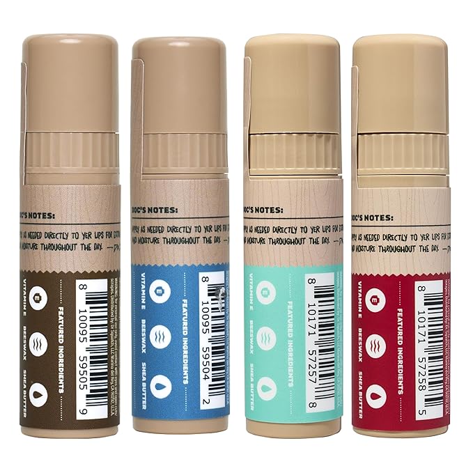 Dr. Squatch NEW Natural Lip Balm - Petrolatum, Paraben, Artificial Flavor-free - Shea Butter, Beeswax, Vitamin E - Original Squatch, Vanilla Bourbon, Coconut Cove, Wild Watermelon (0.25 oz, 4 Pack)-Velvo Beauty