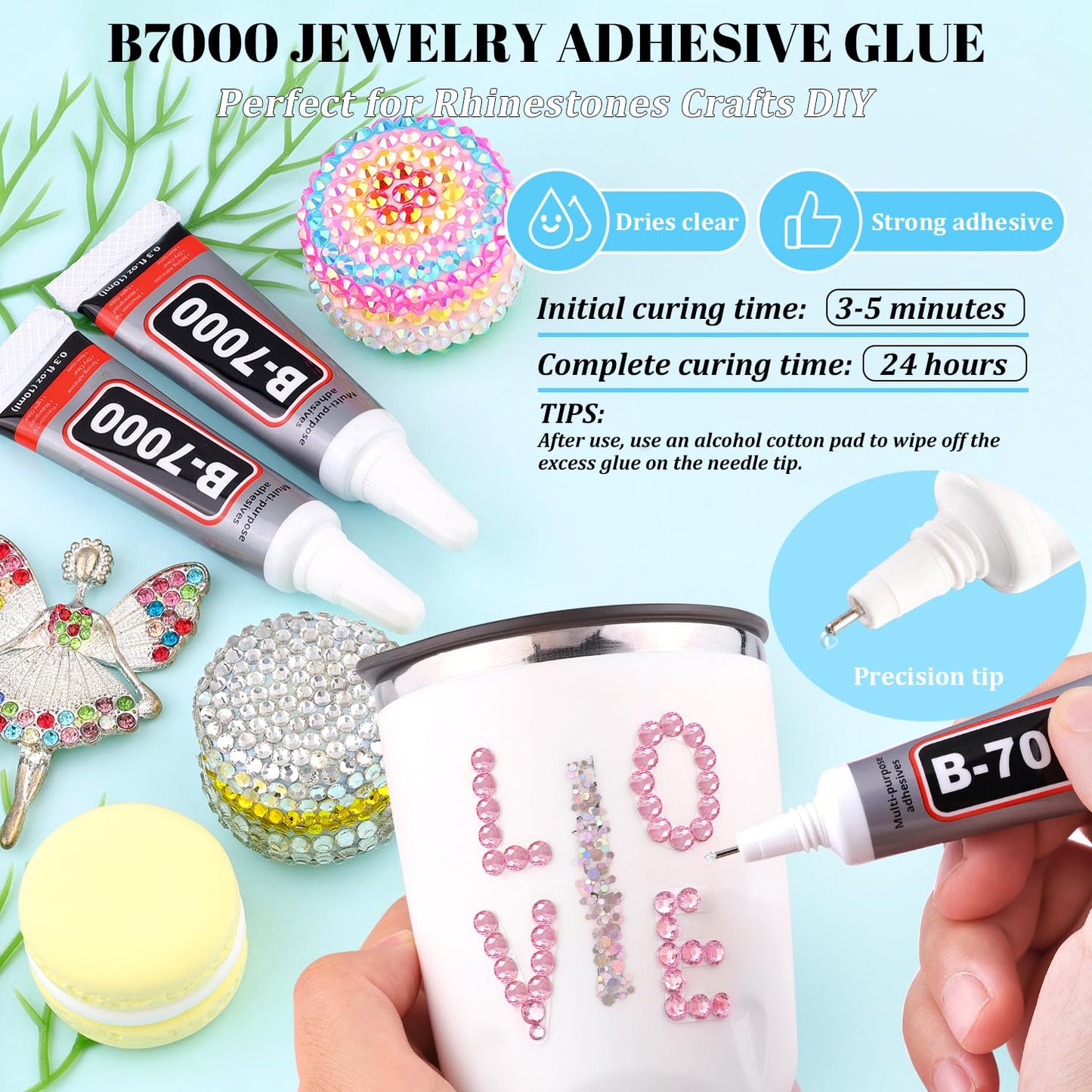 6000Pcs Resin Rhinestones for Bedazzling with 3Pcs B7000 Jewelry Glue, 1 Box Light Pink Flatback Rhinestones for Crafting Crafts DIY, Crystals Gems for Clothing Shoes Tumblers Nail Art Makeup-Velvo Beauty