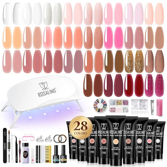 ROSALIND Poly Nail Gel Kit for Beginners - 28 Colors Extension Gel Set with UV/LED Nail Lamp, 72 Accessories (Base/Top Coat, Nail Forms, Tools), Long Lasting Salon Kit for DIY Manicure-Velvo Beauty