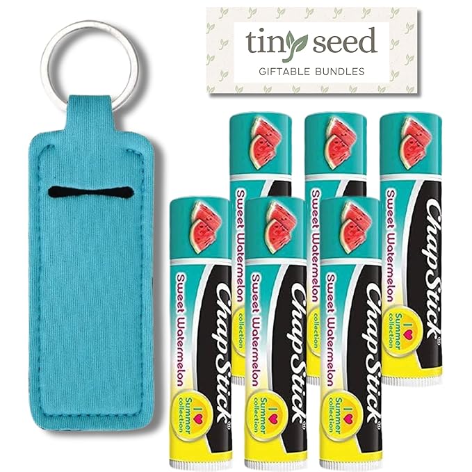 Sweet Watermelon Chapstick 6-Pack. Includes Bonus Lip Balm Holder Keychain (Blue). Limited Edition Flavor from the Chapstick I Love Summer Collection, Unique Gift Bundle from Tiny Seed-Velvo Beauty