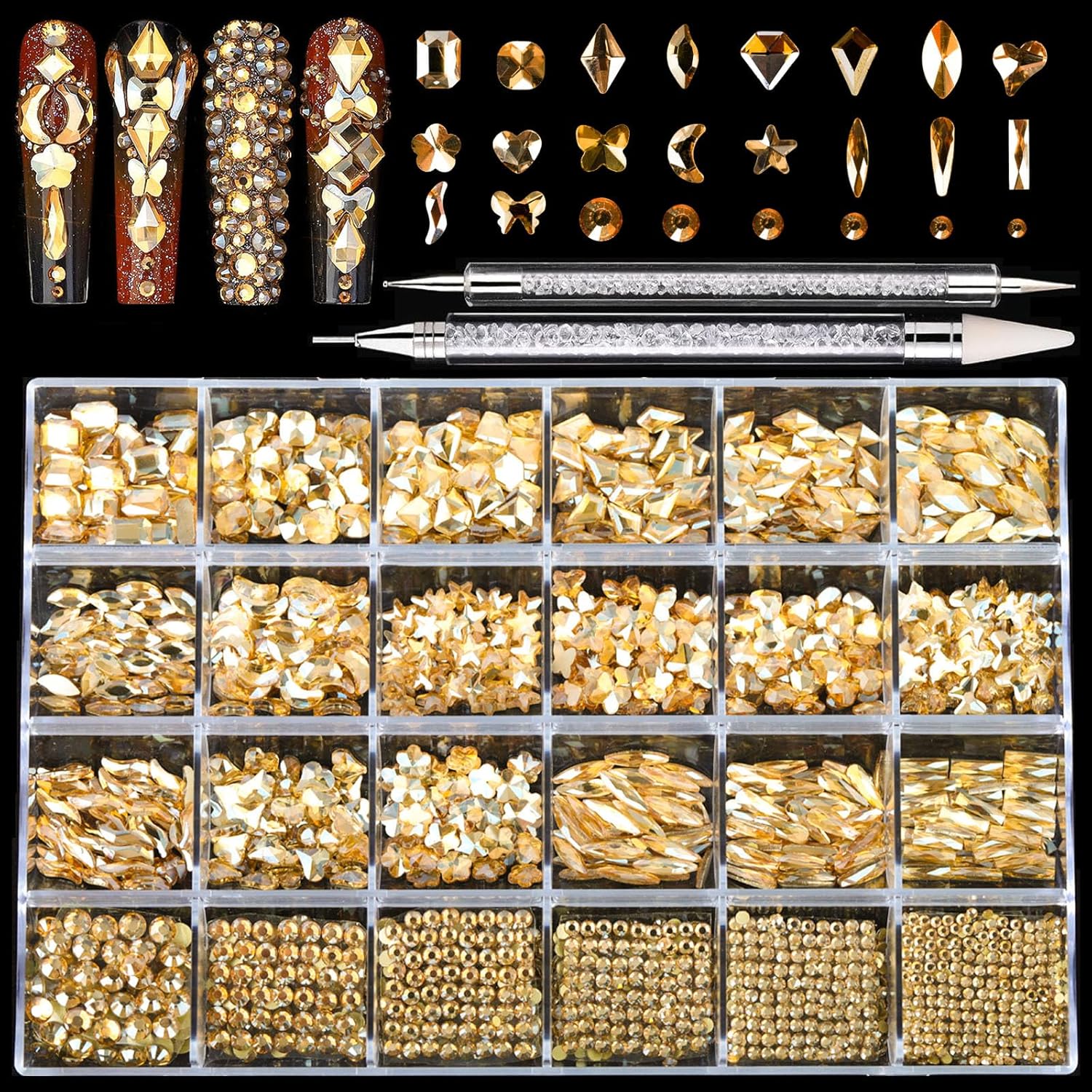 Nail Rhinestones Kit, 18 Types of 900 Special-Shaped Nail Diamonds + 3200 Flat-Bottomed Rhinestones, Champagne Crystals DIY Crafts Gold Gemstones for Nail Art Design-Velvo Beauty