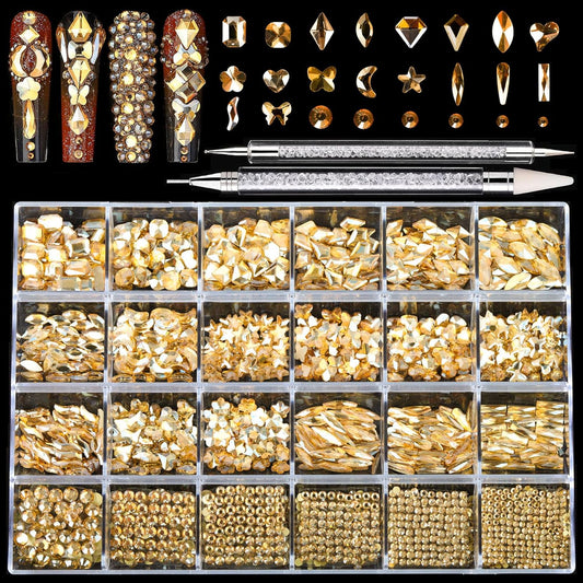 Nail Rhinestones Kit, 18 Types of 900 Special-Shaped Nail Diamonds + 3200 Flat-Bottomed Rhinestones, Champagne Crystals DIY Crafts Gold Gemstones for Nail Art Design-Velvo Beauty