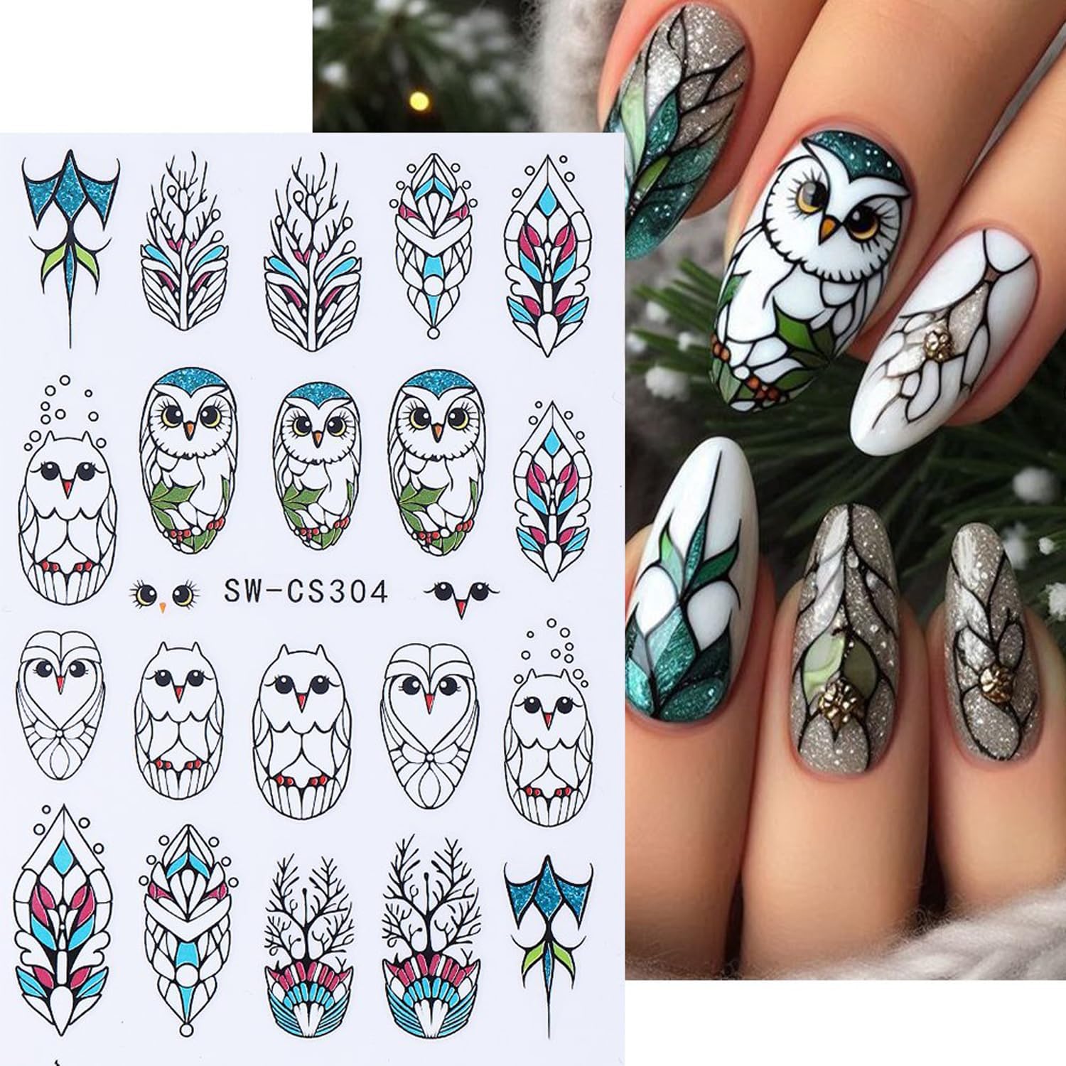 4pcs Christmas Nails Stickers Silver Glitter Leaves Line Owl Nail Art Design 3D Self-Adhesive Nail Decals Xmas Nail Sticker DIY Autumn Winter Manicure Art Supplies Decoration Accessories-Velvo Beauty