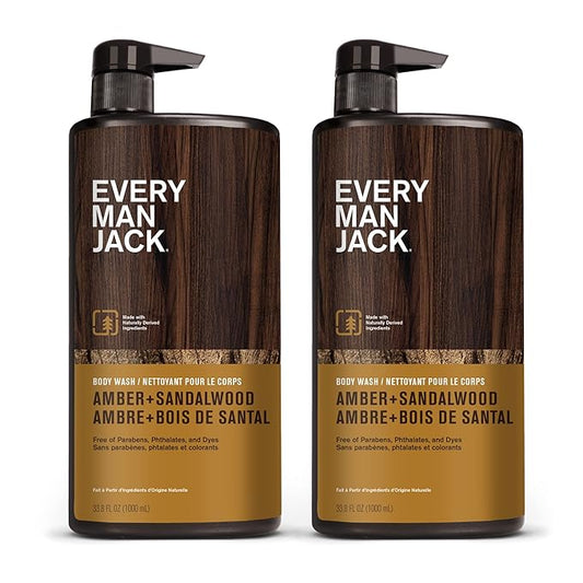 Every Man Jack Amber + Sandalwood Mens Body Wash for All Skin Types - Cleanse, Hydrate, and Smell Great - Free of Parabens, Phtalates, and Dyes - 33.8 fl oz (2 Pack)-Velvo Beauty