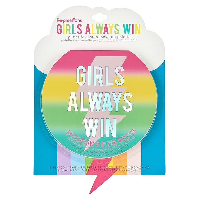 Expressions Girls Always Win Glisten & Glitter Makeup Palette 10 Color Eyeshadow Palette & Blush Makeup Novelty Beauty Set, Fold Out Compact with Mirror, Washable, Non-Toxic-Velvo Beauty