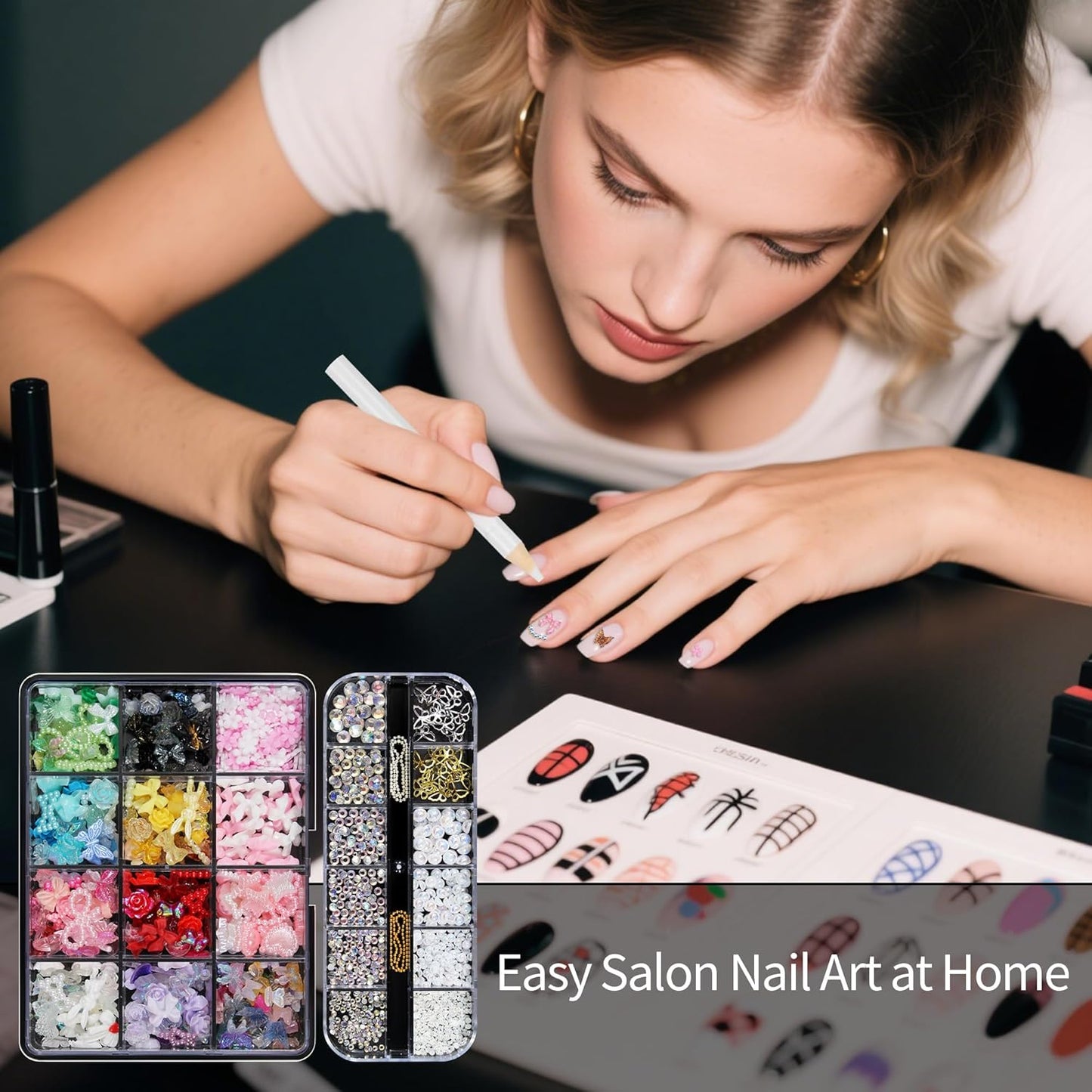 Artdone Nail Art Studs Kit, 2 boxes Multicolor 3D Charms Flower Butterfly Snake Rabbit Diamond Cute Nail Jewels for DIY Decoration with Pickup Tools-Velvo Beauty