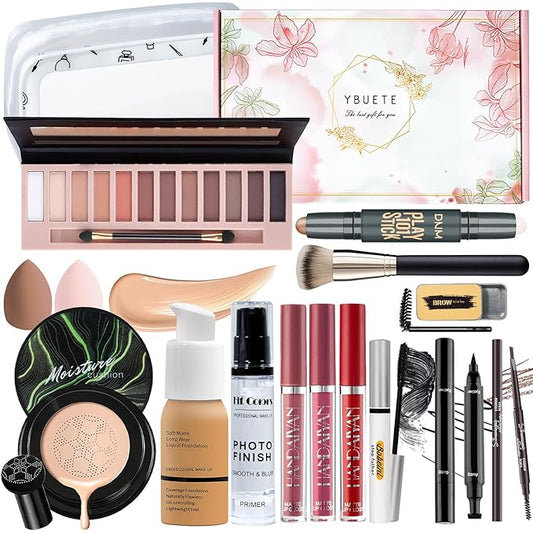 Makeup Kit Set for Women, Makeup Present for Women Teens Girl, Eyeshadow Palette Foundation CC Cream Primer Brush Spong Contour Lipstick Eyebrow Soap Mascara Eyeliner Cosmetic bag-Velvo Beauty
