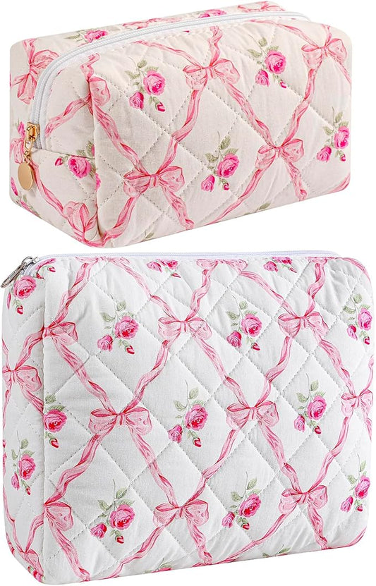 Makeup Bag Travel Cosmetic Bag for Women Girls, Zipper Make Up Pouch, Floral Flowers Toiletry Organizer Makeup, Portable Storage Bag, Cosmetic Travel Cloth Bag (2 Pack (L+S)/Pink Bowknot)-Velvo Beauty