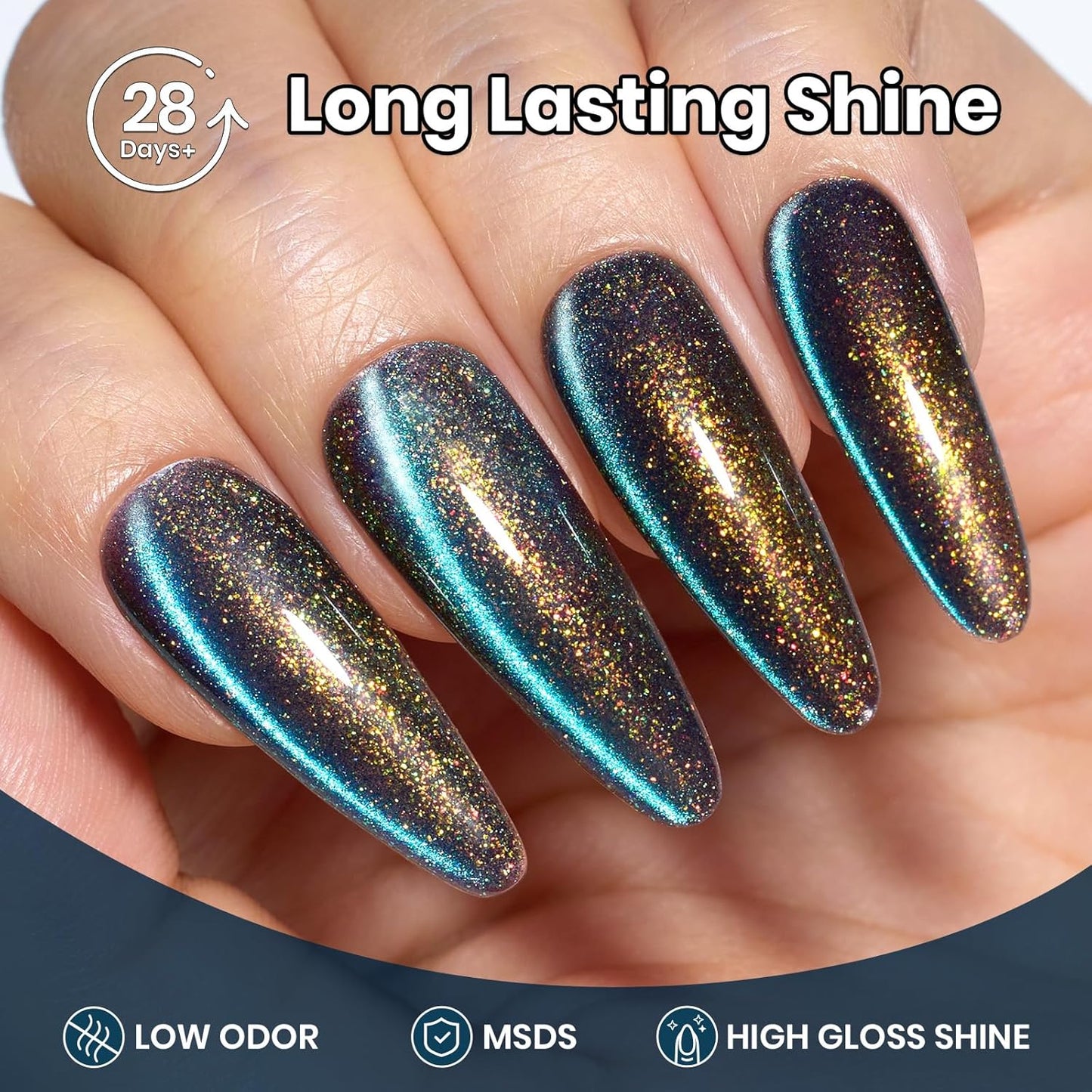 Beetles Cat Eye Gel Polish, 15ML Blue Purple Cat Eye 9D Holographic Glitter Magnetic Gel Nail Polish Rainbow Color Soak Off UV Mermaid Tears Series French Nail Art Manicure Gift for Women-Velvo Beauty