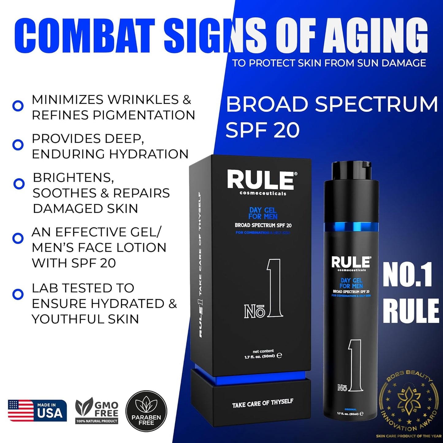 No.1 Day Gel for Men, 10-in-1 Anti-Aging Face Moisturizer to Reduce Wrinkles, SPF 20, Collagen, Vitamins B, C & E - Combination & Oily Skin - Original, 50 mL-Velvo Beauty