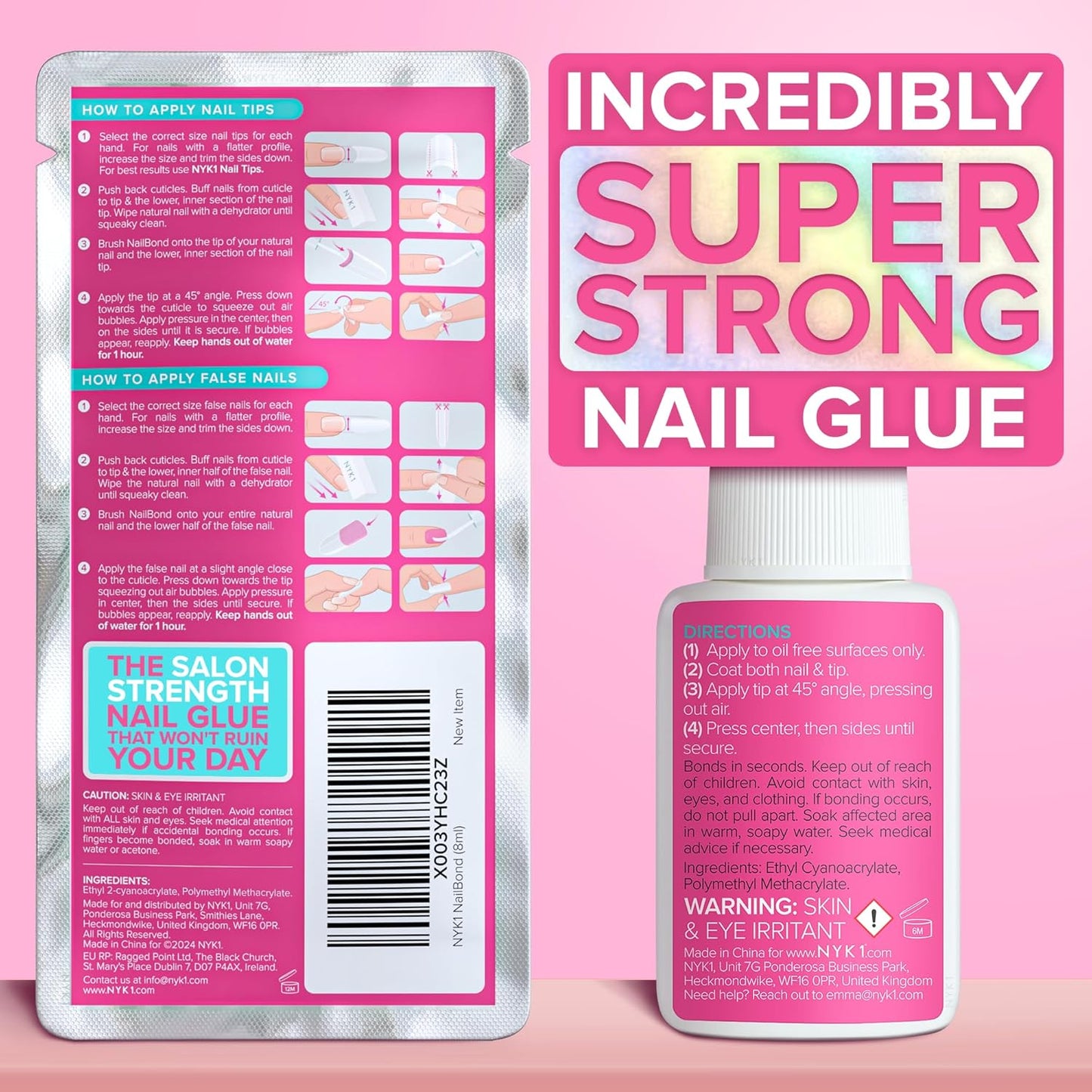Super Strong Nail Glue for Press On Nails, Nail Tips & Acrylic Fake Nails (8ml) NYK1 NailBond Brush On Glue for Press Ons, Tips & Acrylics - Long Lasting, Maximum Strength, Mess-Free Application-Velvo Beauty
