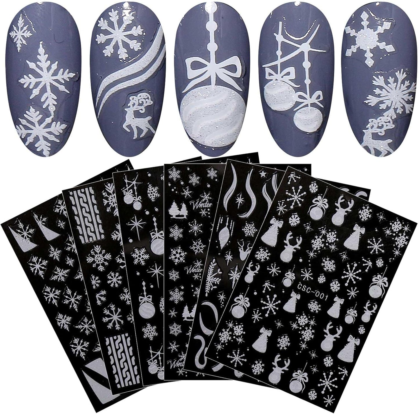 JMEOWIO 8 Sheets Christmas Glitter Nail Art Stickers Decals Self-Adhesive Cute Snowflake Winter Holiday White Nail Supplies Nail Art Design Decoration Accessories-Velvo Beauty