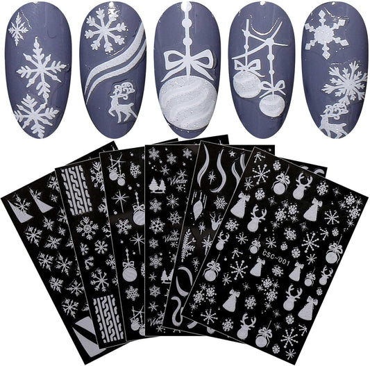 JMEOWIO 8 Sheets Christmas Glitter Nail Art Stickers Decals Self-Adhesive Cute Snowflake Winter Holiday White Nail Supplies Nail Art Design Decoration Accessories-Velvo Beauty