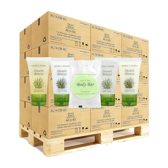 Desert Breeze Hotel Soaps and Toiletries Bulk Set | 1oz Hotel Shampoo & Conditioner, Body Wash, Body Lotion & Bar Soap | Half Pallet 21 cases with 300 units each - 6,300 pieces-Velvo Beauty