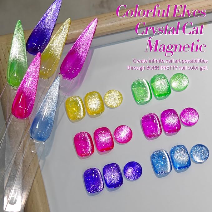 Born Pretty Cat Magnetic Eye Gel Nail Polish Spring Summer Neon Shimmer Glitter Holographic Cat Magnetic Eye Gel Crystal Glass Cat Magnetic Gel Polish Nail Art Manicure DIY at Home 6PCS-Velvo Beauty
