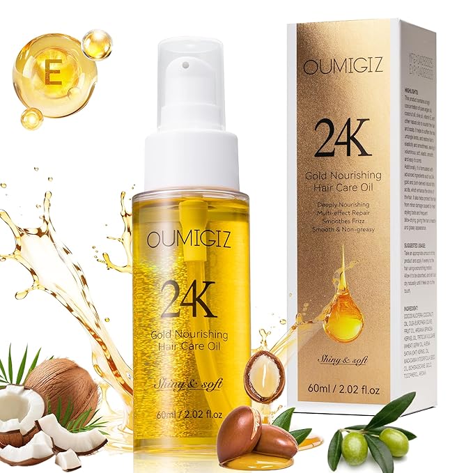 24K Gold Hair Oil, Repair Shine Serum with Coconut, Argan & Olive Oils - Heat Protectant and Frizz Control - Vegan, Lightweight Leave-In Treatment for Dry Damaged Hair (2.02 Fl Oz (Pack of 1))-Velvo Beauty