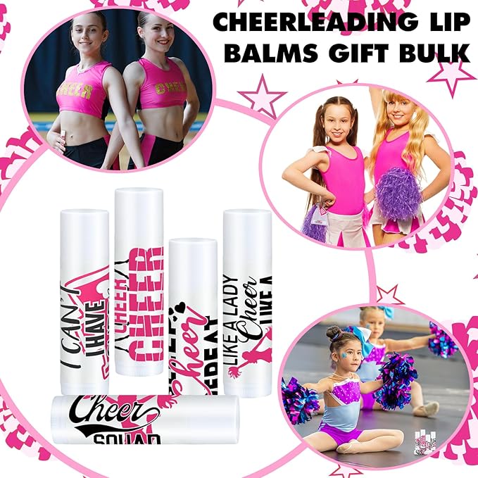 50 Sets Cheer Gifts Bulk 50 Cheer Lip Balm Bulk Moisturizing with 50 Organza Drawstring Gift Bags 50 tags Cheerleader Gifts Cheer Gifts Bulk for Team (Pink)-Velvo Beauty