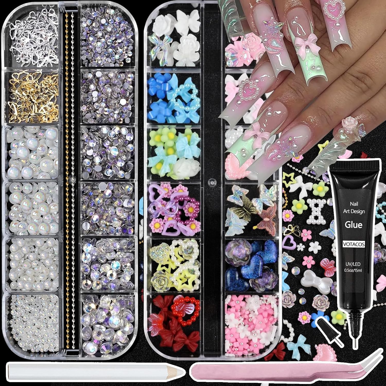 Nail Art Charms Flatback Nail Pearls Rhinestones with Rhinestones Glue Gel Flower Butterfly Nails Gems Supplies Accessories Clear Rhinestone for Women Nails Design Decoration-Velvo Beauty