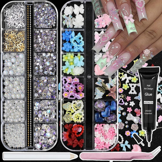 Nail Art Charms Flatback Nail Pearls Rhinestones with Rhinestones Glue Gel Flower Butterfly Nails Gems Supplies Accessories Clear Rhinestone for Women Nails Design Decoration-Velvo Beauty