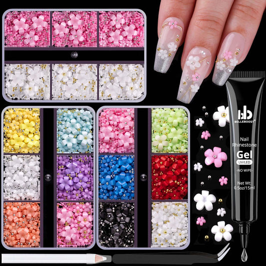 3D Flowers for Nails, Cute Flower Nail Charms, Manicure Kit with Nail Rhinestone Glue Gel, Colorful Acrylic Petal with Caviar Beads, Rhinestones for Nails & Gem Gluewith Dotting & Pickup Tools-Velvo Beauty