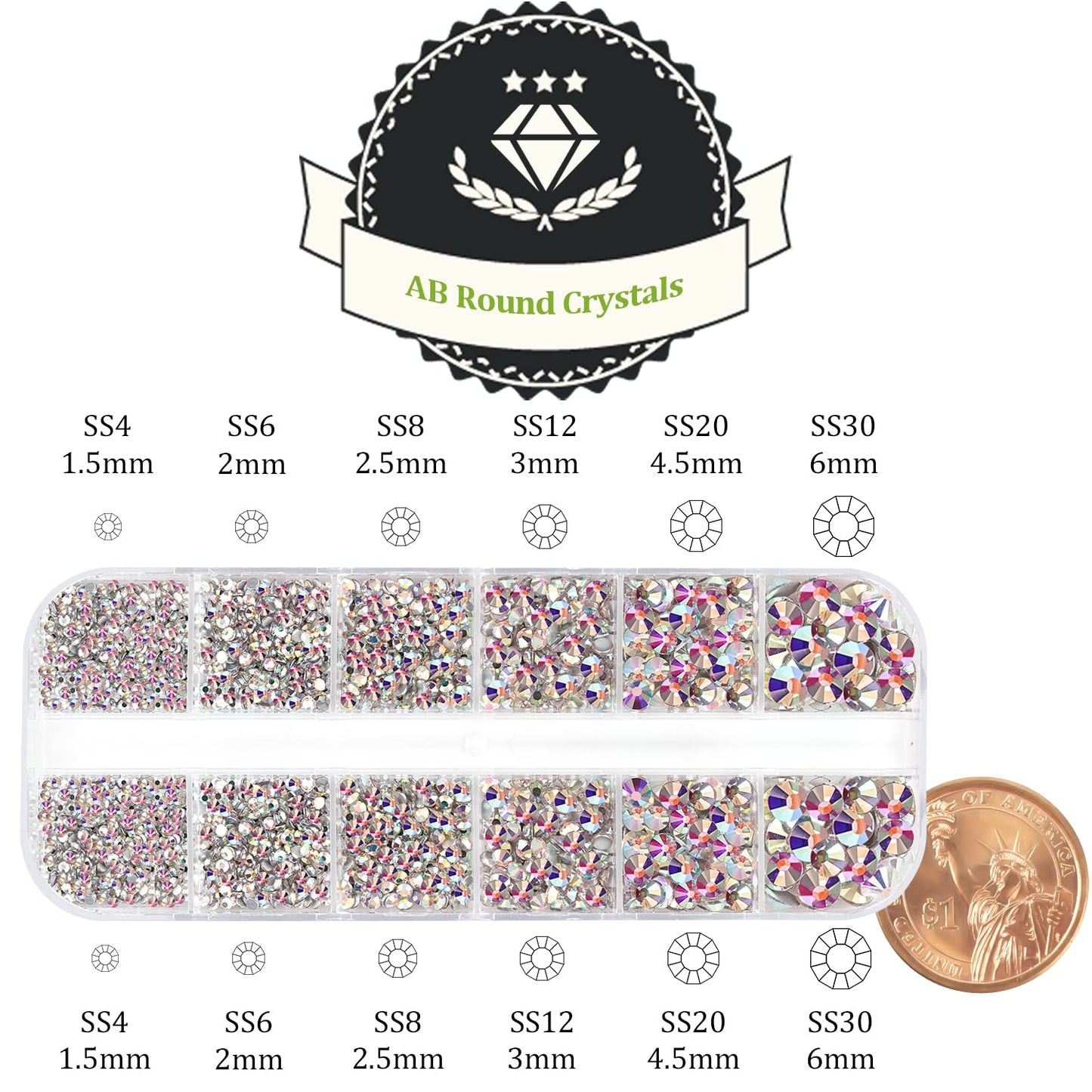 One Pack 2000 Pcs of Flatback Round AB Crystal Rhinestones 6 Sizes (1.5-6 mm) with Nail Art Rhinestone Picker Pencil and Tweezer for DIY and Salon Use-Velvo Beauty