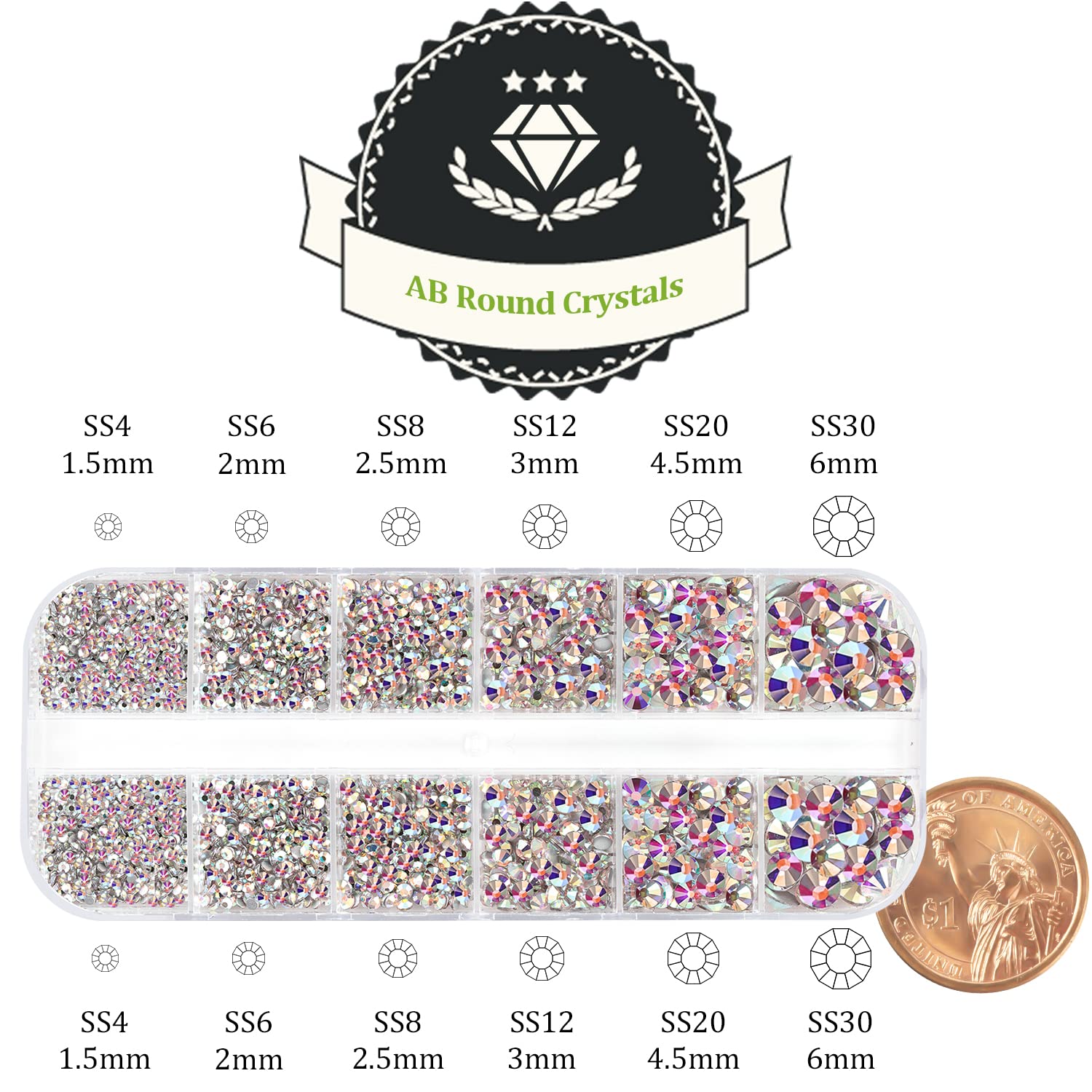 One Pack 2000 Pcs of Flatback Round AB Crystal Rhinestones 6 Sizes (1.5-6 mm) with Nail Art Rhinestone Picker Pencil and Tweezer for DIY and Salon Use-Velvo Beauty