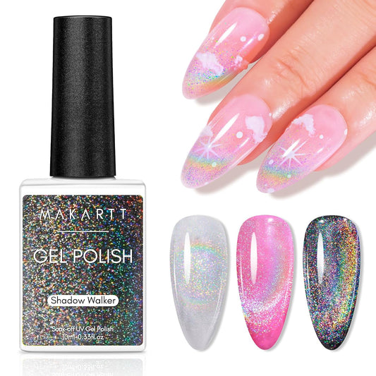 Makartt Rainbow Cat Eye Gel Nail Polish: Glitter Universal 9D Holographic Sparkly Soak Off Gel UV/LED Manicure with Magnet Stick for Nail Art Designs 10ml-Velvo Beauty